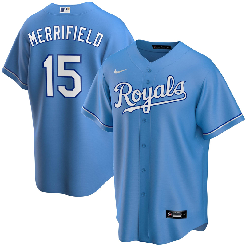 2020 MLB Men Kansas City Royals #15 Whit Merrifield Nike Light Blue Alternate 2020 Replica Player Jersey 1->kansas city royals->MLB Jersey